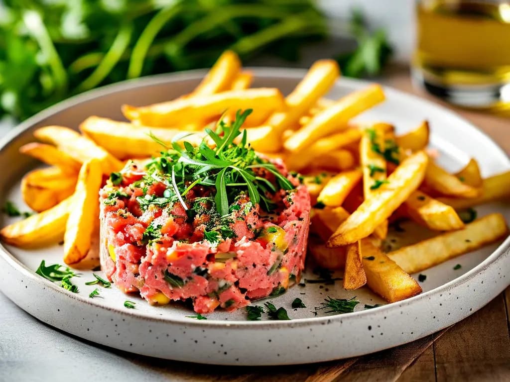 Tartare de bœuf crémeux au jaune d’œuf émulsionné, câpres et cornichons, façon bistrot