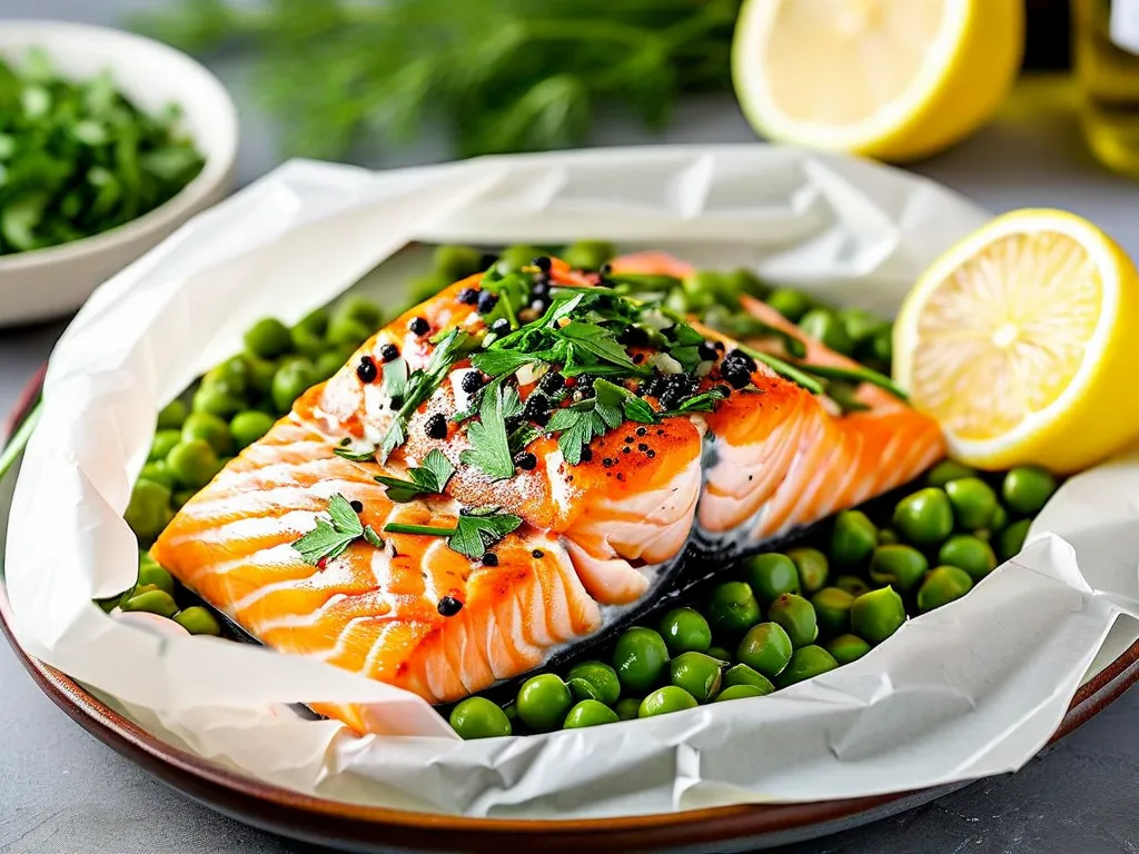 Saumon en papillote aux herbes et citron, riz aux petits pois